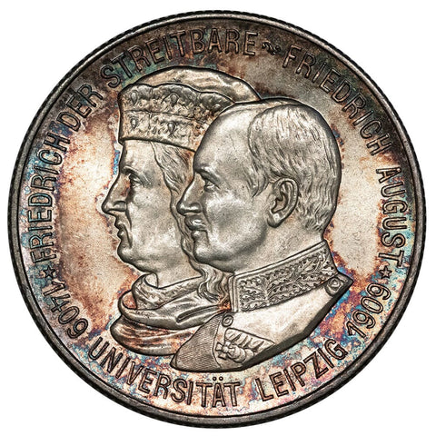 1909 German States, Saxony-Albertine Silver 2 Marks KM.1268 - Choice Toned Uncirculated