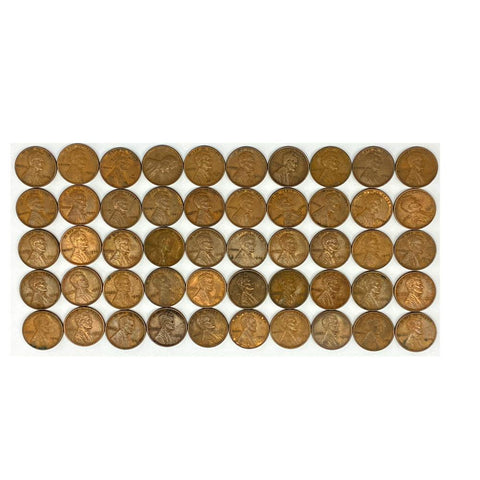 50-Coin Roll of 1909 V.D.B. Lincoln Wheat Cents - VF to AU Mostly XF