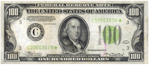 1934 $100 Federal Reserve Star Note Philadelphia District (C) Fr. 2152-C* - Very Fine