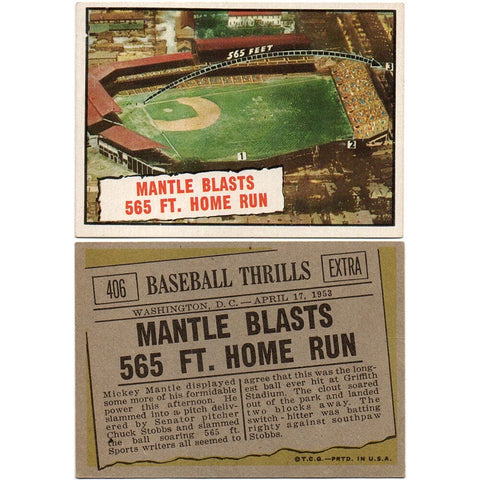 1961 Baseball Thrills - Mantle Blasts 565 Ft. Home Run - Topps 406 - VG-EX