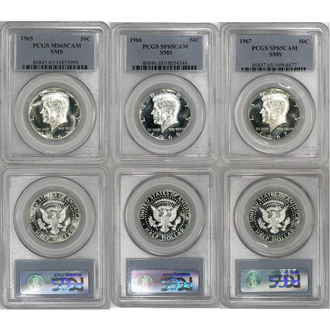 1965, 1966 & 1967 SMS Kennedy Half Dollar 3-Coin Set - PCGS 65 Cameo