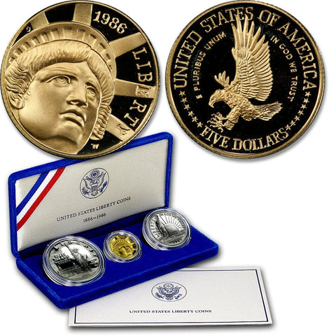 1986 3-Coin Statue of Liberty Commemorative Set 50¢, $1, $5 - Gem Proof in OGP w/CoA