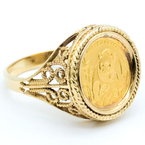 14K Gold Ring with 1990 5 Yuan 1/20th Ounce Gold Panda KM.268 - Size 7 1/2