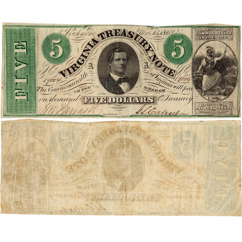 1862 $5 Virginia Treasury Note Cr.13 ~ Very Fine