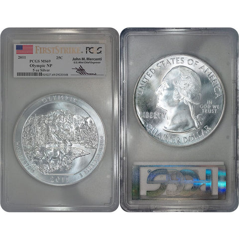 2011 Olympic America The Beautiful Silver 5 oz Quarter - PCGS MS 69 FS Mercanti Signature