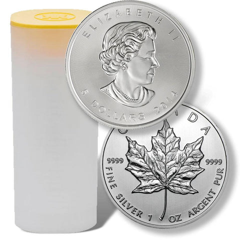 25-Coin Rolls of 2014 Canadian $5 Maple Leaf 1 oz Silver Coins KM.625 - In Original Tube
