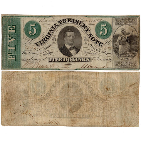 1862 $5 Virginia Treasury Note Cr.13 ~ Very Fine