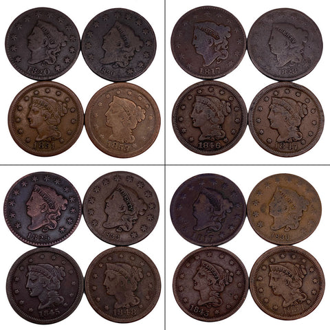 4 Different Large Cents - 2 Coronet (1816-39) & 2 Braided Hair (1840-1856) Large Cents - Good to Very Fine
