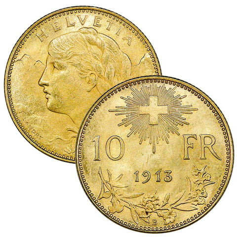 (1911-1922) Swiss Helvetia Gold 10 Francs by Date - Brilliant Uncirculated