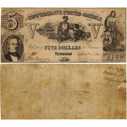 T-37 Sept 2 1861 $5 Confederate States of America (C.S.A.) PF-1/Cr.284 - Very Good