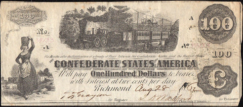 T-40 Aug.28 1862 $100 Confederate States of America (C.S.A.) PF-?/? ~ Very Fine
