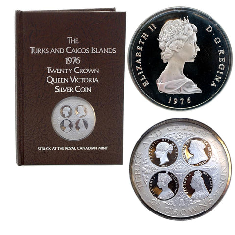 1976 Turks and Caicos Islands Queen Victoria Twenty Crown Silver Coin w/ Book