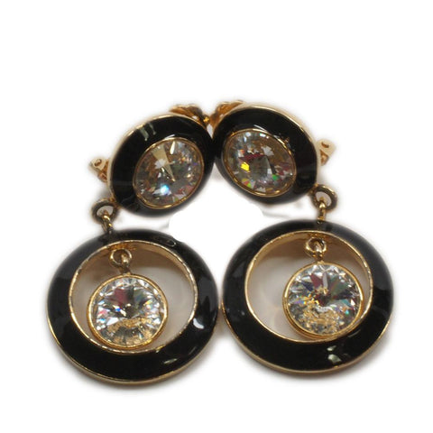 Vintage Bijoux Designs Black Enamel Rhinestone Clip on Costume Earrings