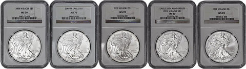 2006-W to 2012-W Burnished Silver Eagles - 5 Coin Set - NGC MS 69 or NGC MS 70
