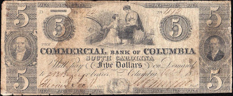 1855 $5 Commercial Bank of Columbia South Carolina - Good/Very Good