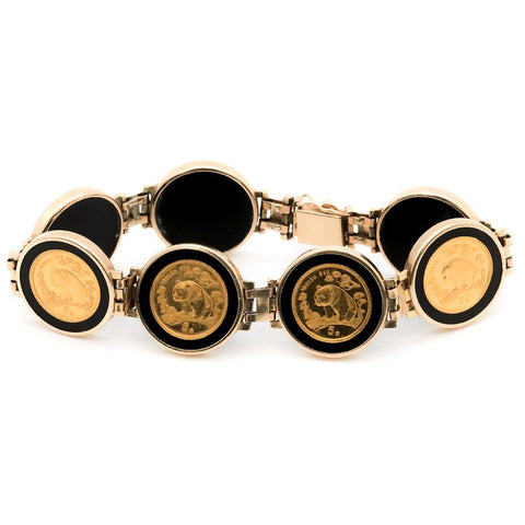 14K Gold Bracelet with Seven 1997 1/20th Oz 5 Yuan Gold Pandas KM. 984 - 7 1/4"