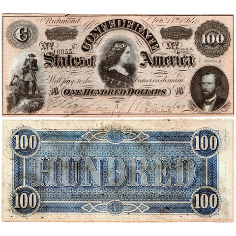 T-65 Feb. 17 1864 'Lucy Pickens' $100 CSA Note - About Uncirculated