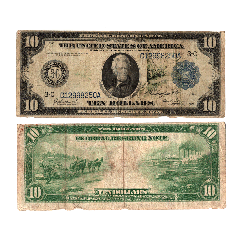 Stained Bank Note 1914 $10 Large Size Federal Reserve Note - Stained Fine - Fr. 917