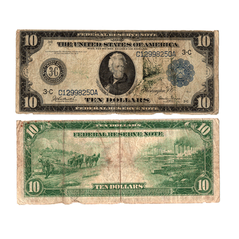1914 $10 Large Size Federal Reserve Note - Stained Fine - Fr. 917