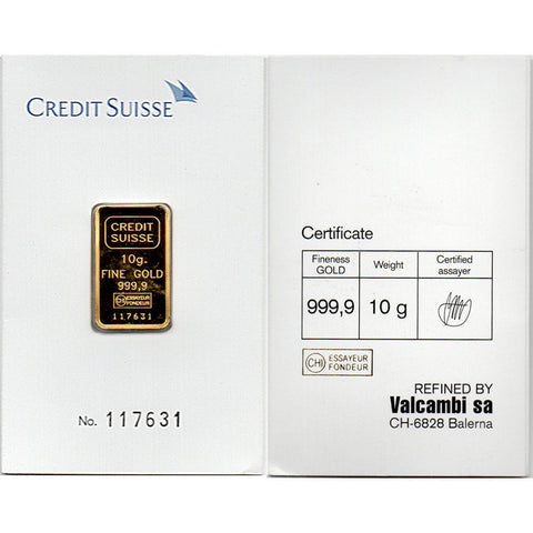 10 gram Credit Suisse/Valcambi .9999 Gold Bars in Assay Card