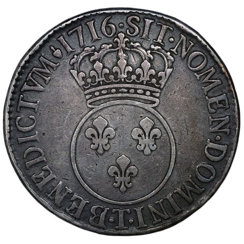 1716-T France Louis XV Silver Ecu Coin KM. 414.19 - Fine