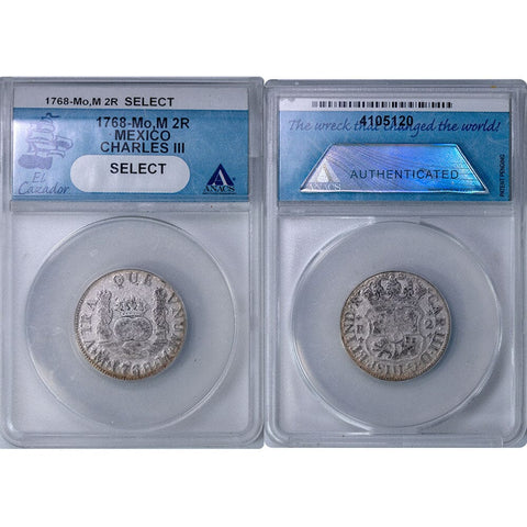 1768-Mo, Mexico Silver 2 Reales El Cazador Shipwreck - ANACS Select - Fine Details