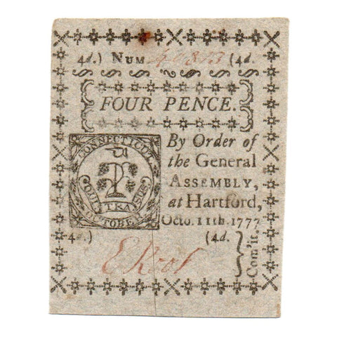 1777 Connecticut 4 Pence Colonial Note CT-216 (Blue) - Apparent Extremely Fine