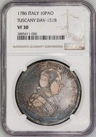 1786 Italy, Tuscany Silver Francescone (10 Paoli) - KM.C#24.3 - NGC VF 30