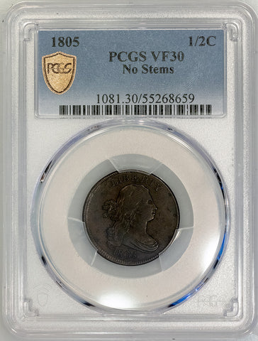 1805 Draped Bust Half Cent - No Stems - PCGS VF 30
