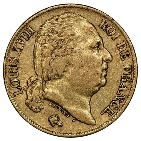 1818-W French Louis XVIII 20 Franc Gold Coins KM. 712.9 - Extremely Fine