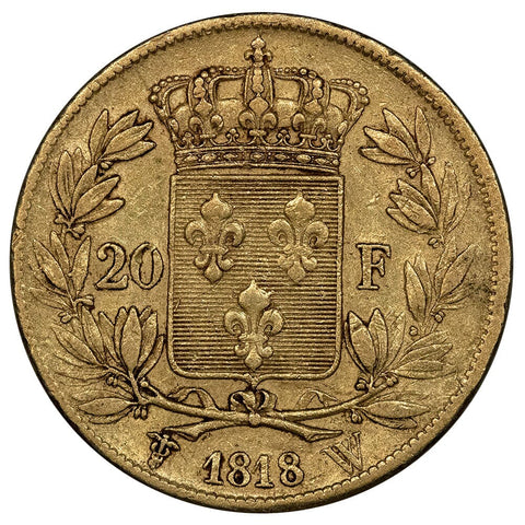 1818-W French Louis XVIII 20 Franc Gold Coins KM. 712.9 - Extremely Fine