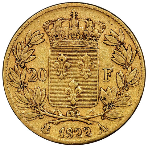 1822-A French Louis XVIII 20 Franc Gold Coins KM. 712.1 - Extremely Fine