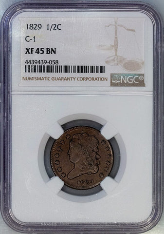 1829 Classic Head Half Cent - Cohen 1 - NGC XF 45 - Choice Extremely Fine