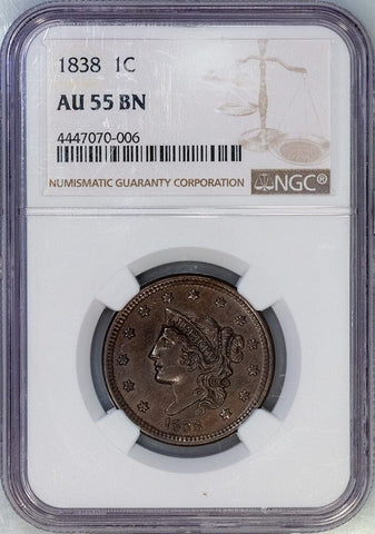1838 Large Cent - NGC AU 55 BN - About Uncirculated+