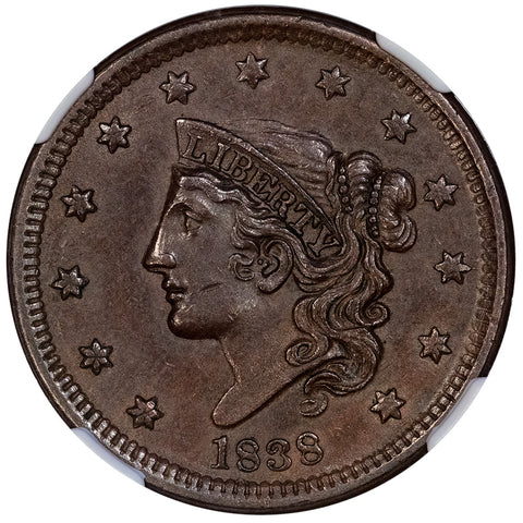 1838 Large Cent - NGC AU 55 BN - About Uncirculated+