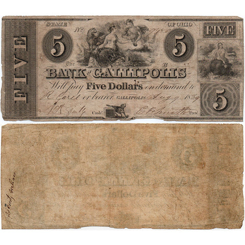 1839 $5 Bank of Gallipolis, Ohio  - Fine