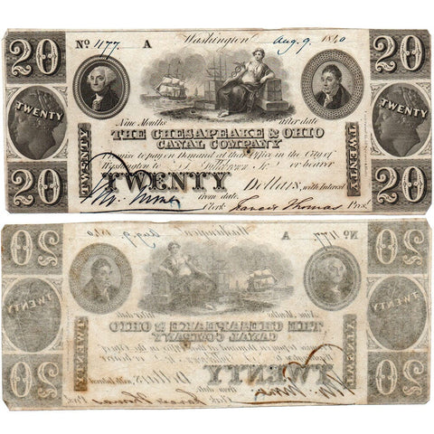 1840 $20 Chesapeake & Ohio Canal Co Washington Branch Cr. 244 - Very Fine