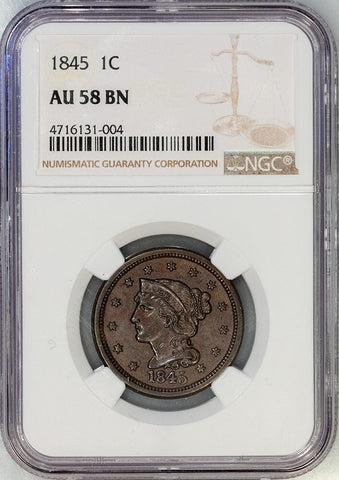 1845 Braided Hair Large Cent - NGC AU 58 BN - Choice About Uncirculated