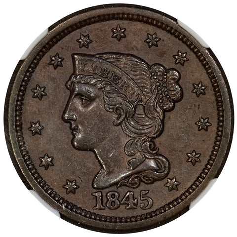 1845 Braided Hair Large Cent - NGC AU 58 BN - Choice About Uncirculated