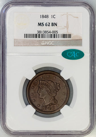 1848 Braided Hair Large Cent - NGC MS 62 BN CAC