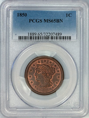 1850 Large Cent - PCGS MS 65 BN - Gem Uncirculated, Nice Protected Red Luster