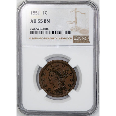 1851 Braided Hair Large Cent - NGC AU 55 BN - About Uncirculated