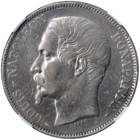 1852-A France Silver 5 Francs "Barre" KM. 773.1 - NGC XF Details (Cleaned)
