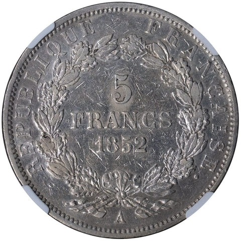 1852-A France Silver 5 Francs "Barre" KM. 773.1 - NGC XF Details (Cleaned)