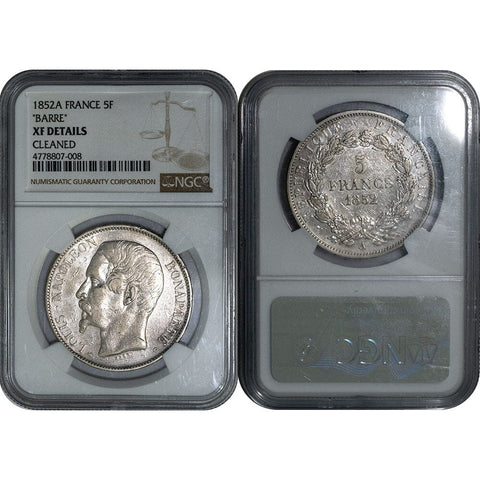 1852-A France Silver 5 Francs "Barre" KM. 773.1 - NGC XF Details (Cleaned)