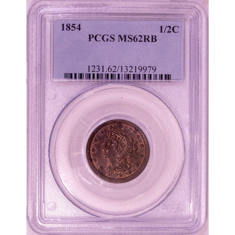 1854 Braided Hair Half Cent - PCGS MS62 Red/Brown