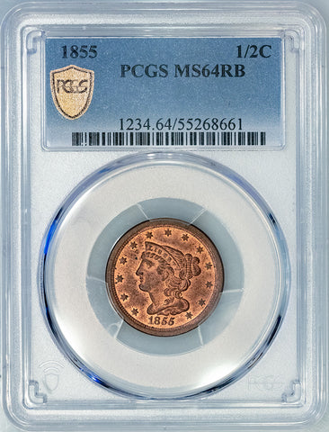 1855 Braided Hair Half Cent - PCGS MS 64 RB - Choice Red & Brown