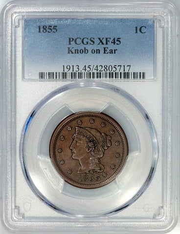 1855 Large Cent Knob on Ear - PCGS XF 45 - Choice Extremely Fine