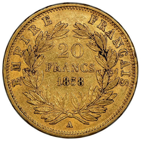 1858-A French Napoleon 20 Franc Gold Coin KM.781.1 - Extremely Fine