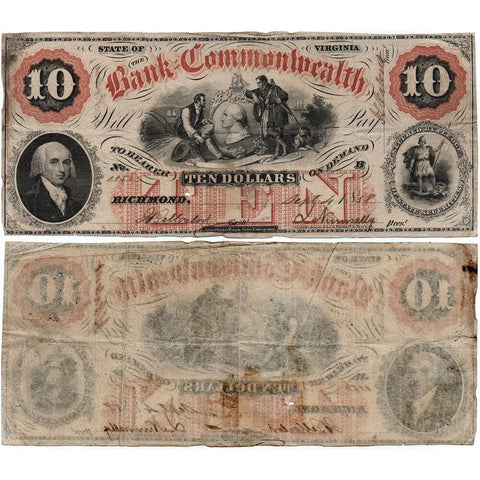 1858 $10 Bank of the Commonwealth, Virginia Obsolete Bank - Net Fine